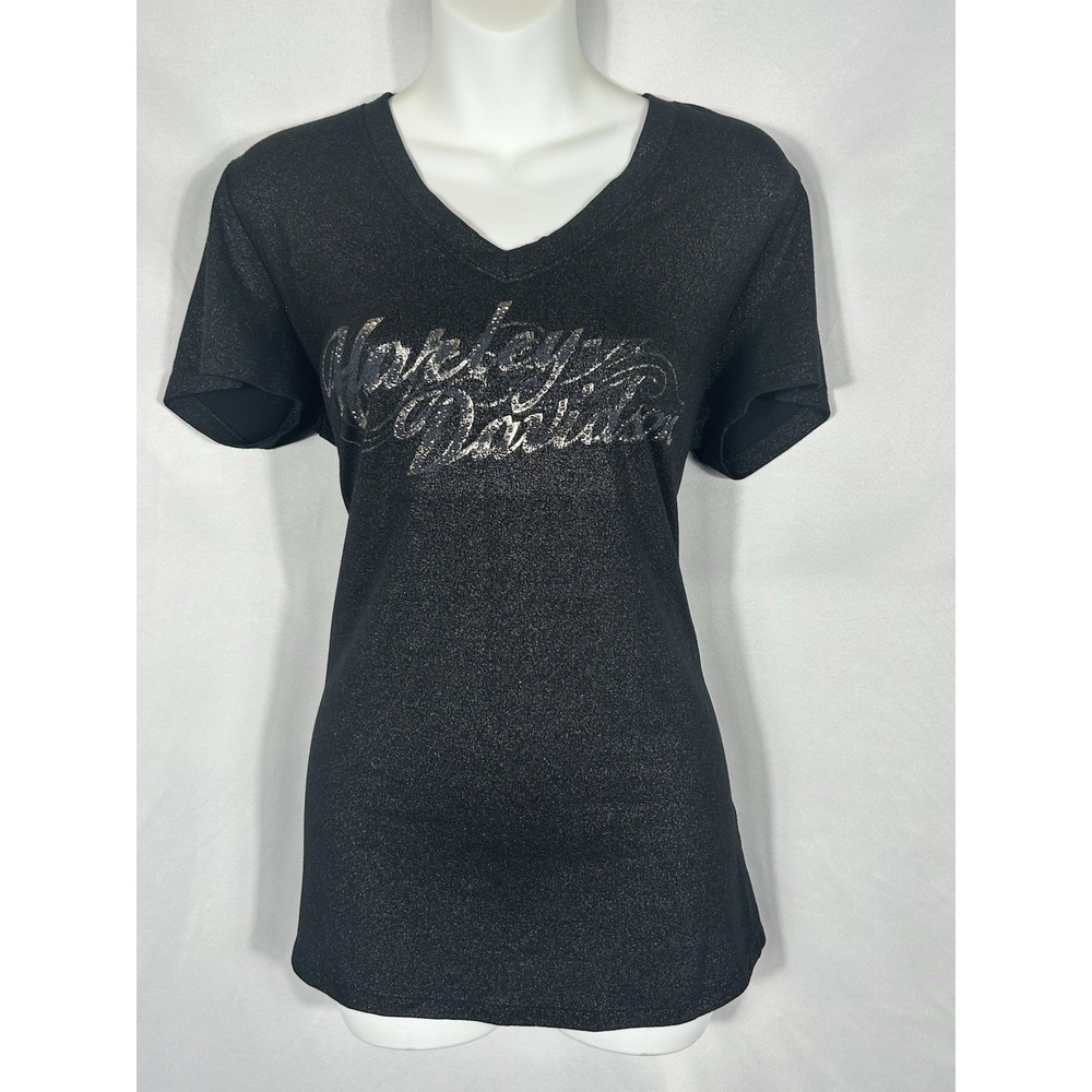 VTG USA Harley Davidson Women Spellout Top Size L Black Silver Grunge Motorcycle